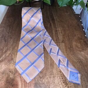 Tino Cosma Men's Necktie Made In Italy Beige‎ Blue Square Patterned Silk Tie